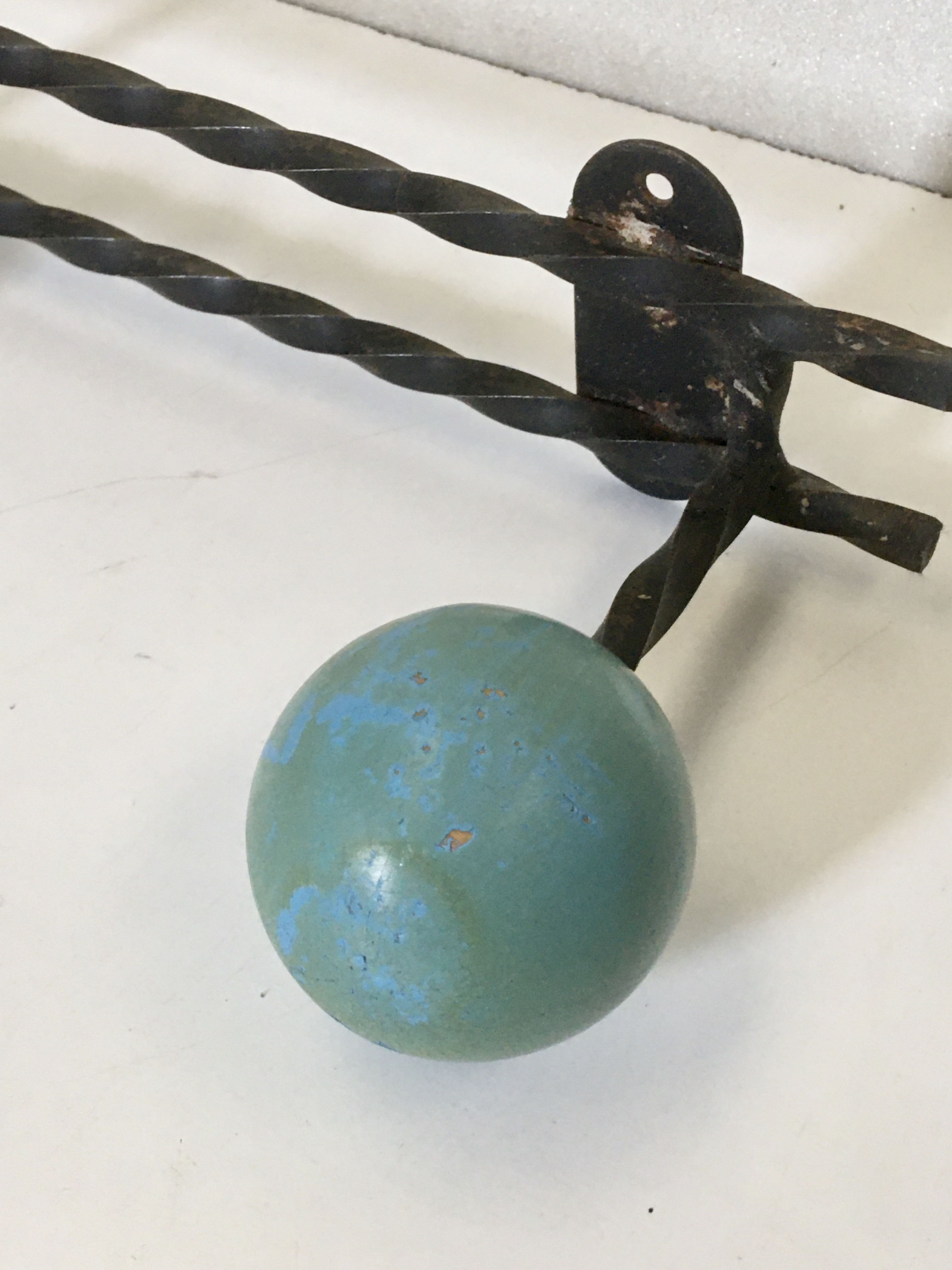 Vintage wrought iron wall coat rack 3 blue, red and green wooden balls hooks