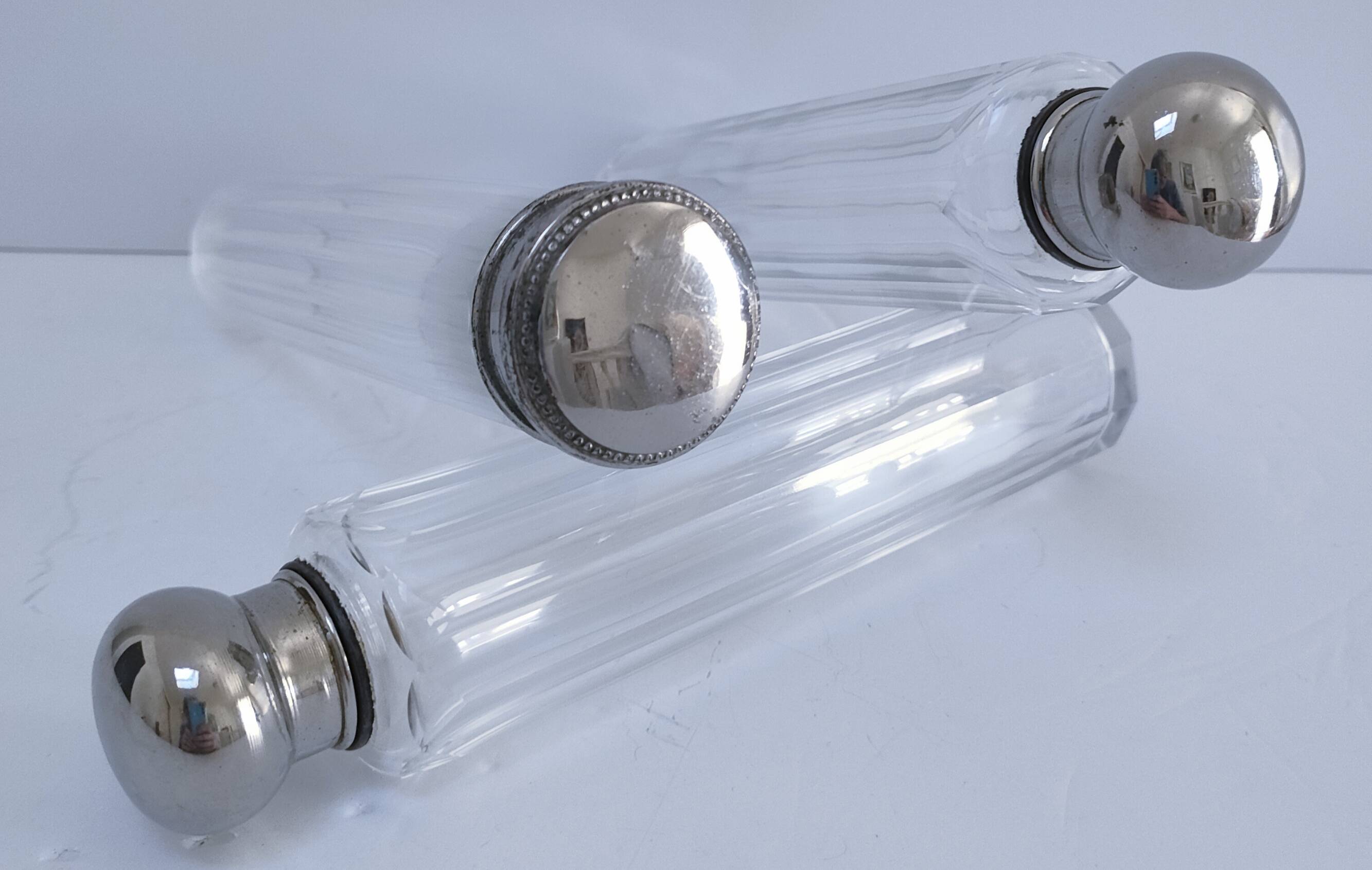 Three Art Deco crystal chrome glass bottles