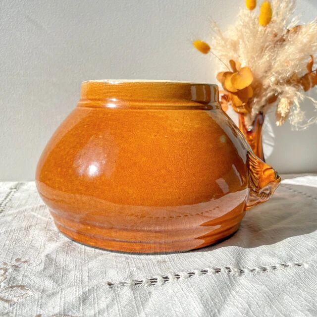 Vintage ceramic lion head soup tureen - honey and black, made in France.