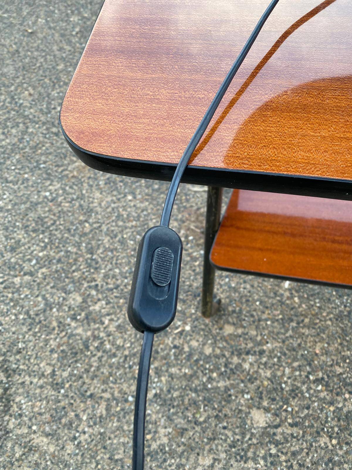 Vintage wooden bedside or table lamp with sky blue lampshade