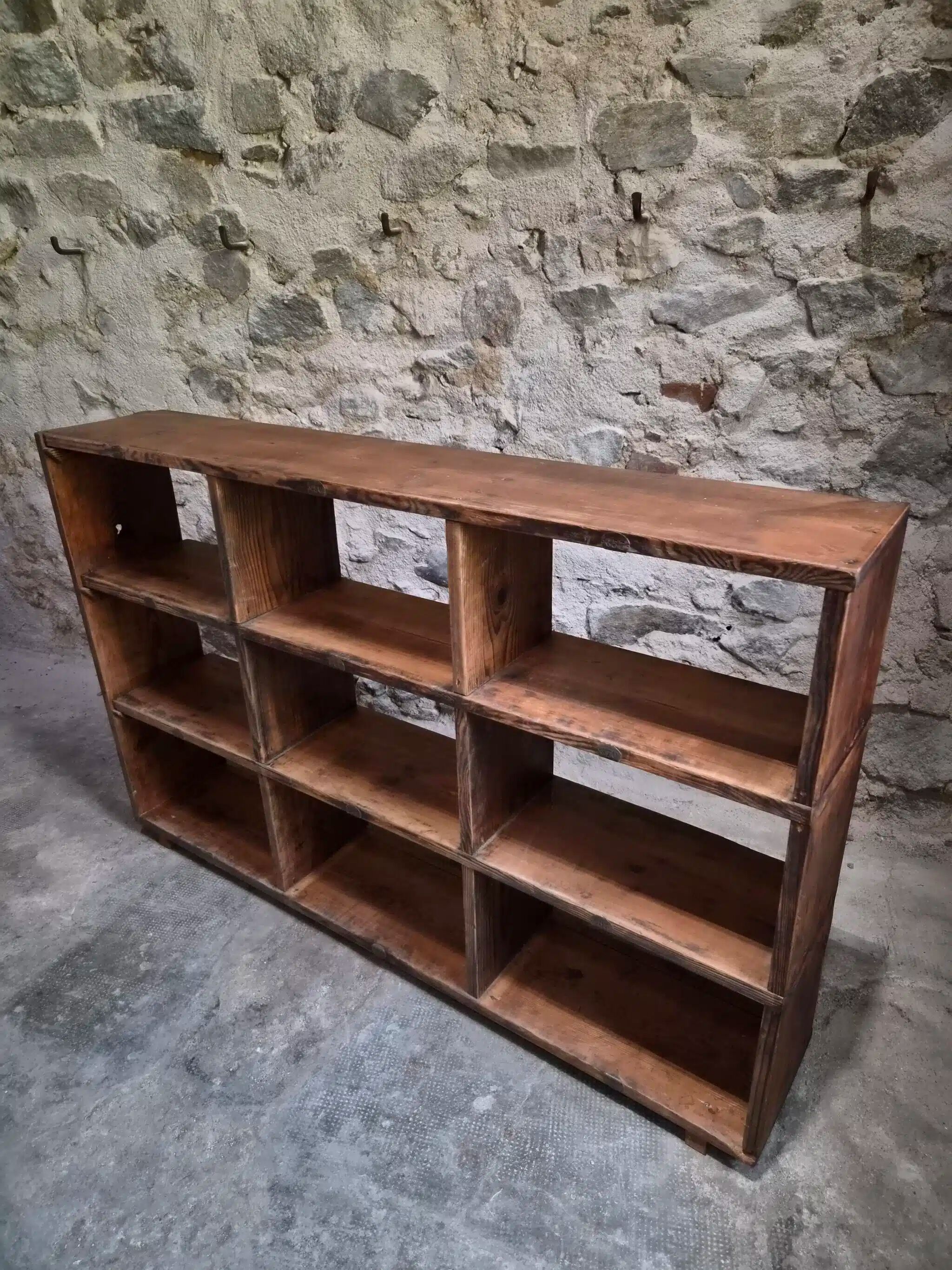 Old workshop shelf in French pine, industrial shoe cabinet, around 1900.
