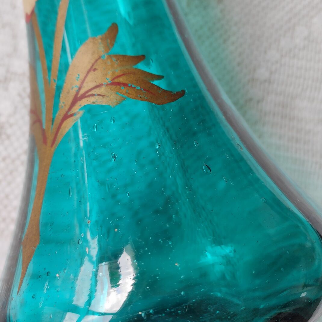 Large art nouveau turquoise blown glass vase