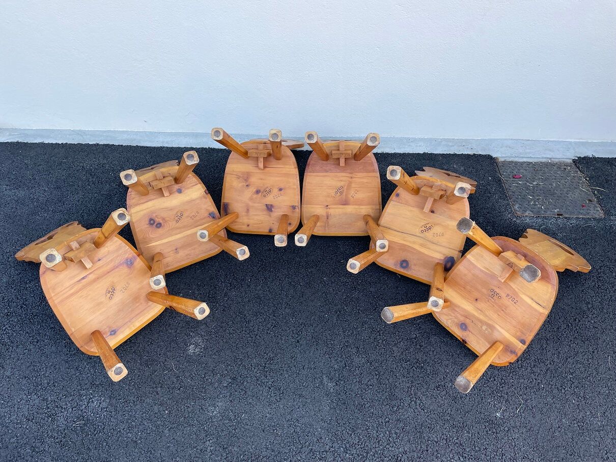 6 vintage Chairs Cembro pine Brutalist style circa 1975 Idcco Annecy