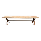 French country style cast iron garden bench with old barn wood plank