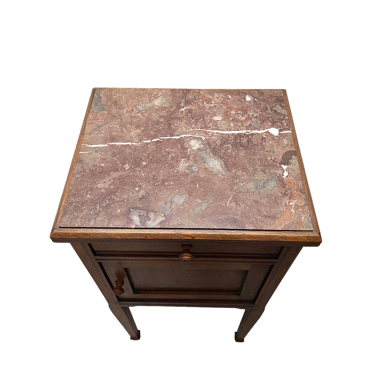 Antique French Oak Bedside Table With Marble Top, early 1900s