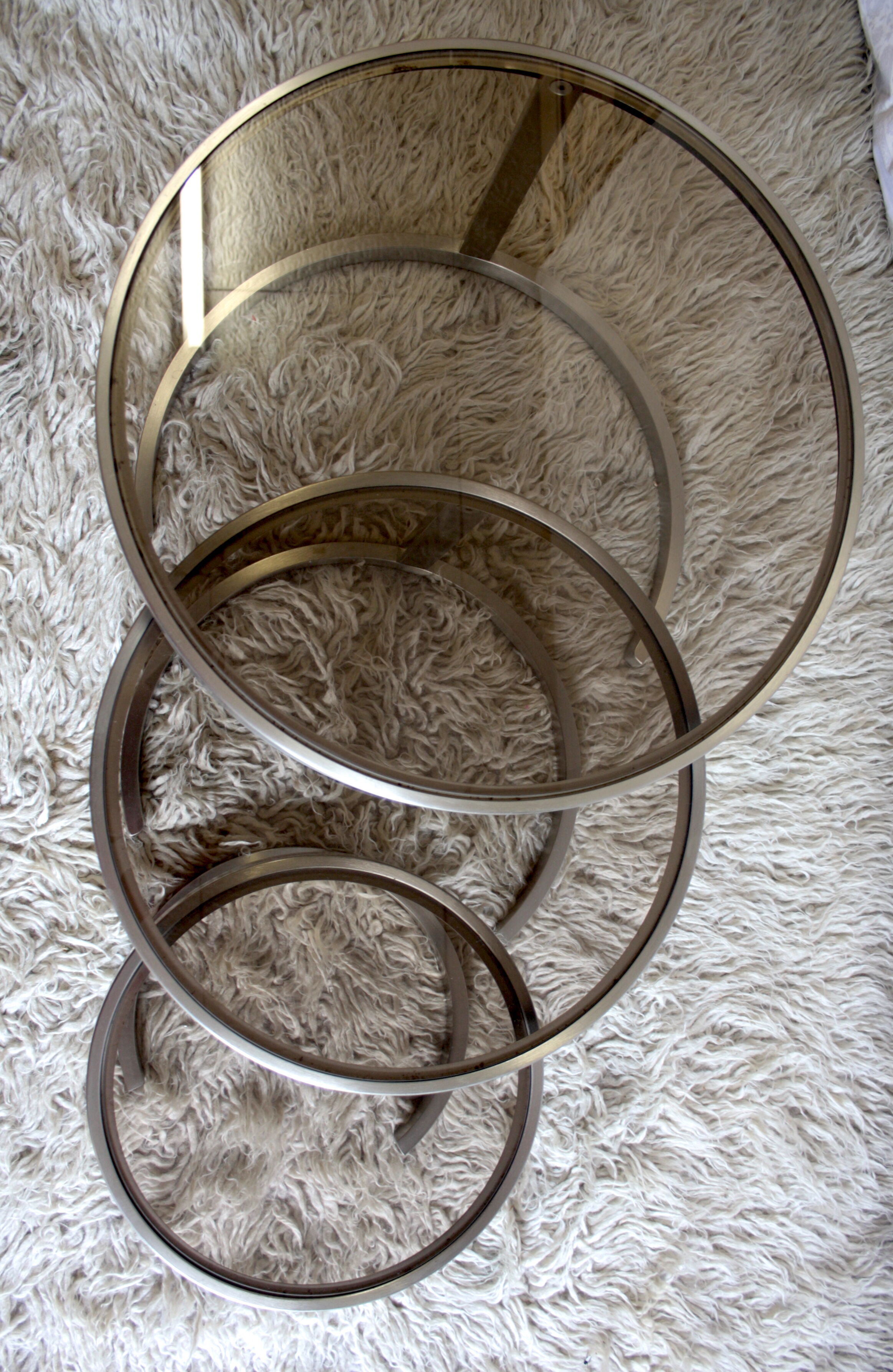 Pull-out tables (x 3) steel and glass smoked - 70s