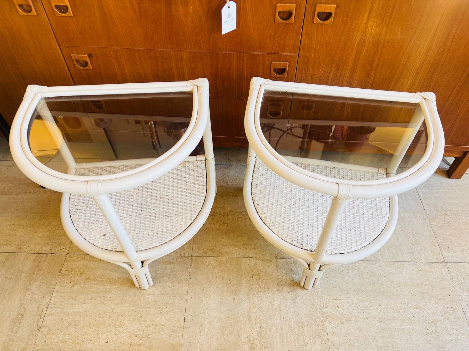 Pair of white rattan bedside tables – 1970s-80s