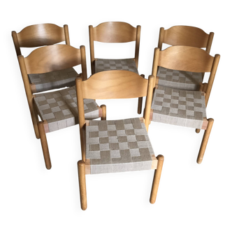 Set de 6 chaises brutalistes vintage et hêtre et sangles en jute