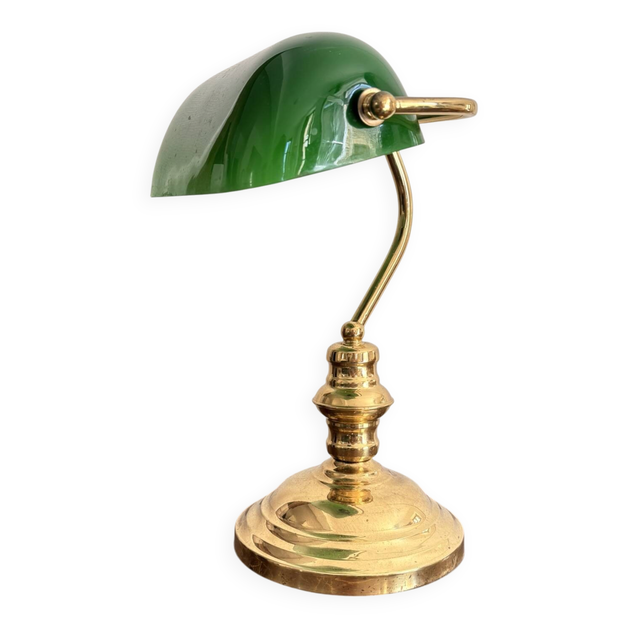 Ancien Lampe Notaire Banquier Bureau Opaline Vert Laiton Doré