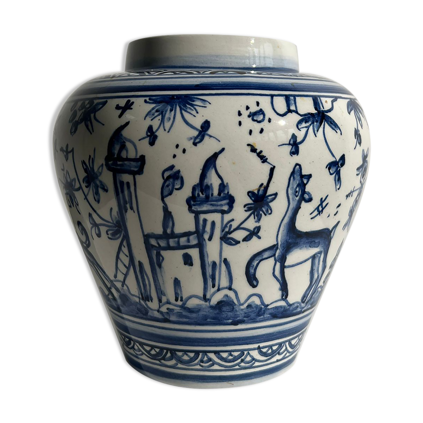 Blue and white Portuguese handmade vase with stylized pastoral pattern H:12,5cm