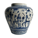 Blue and white Portuguese handmade vase with stylized pastoral pattern H:12,5cm