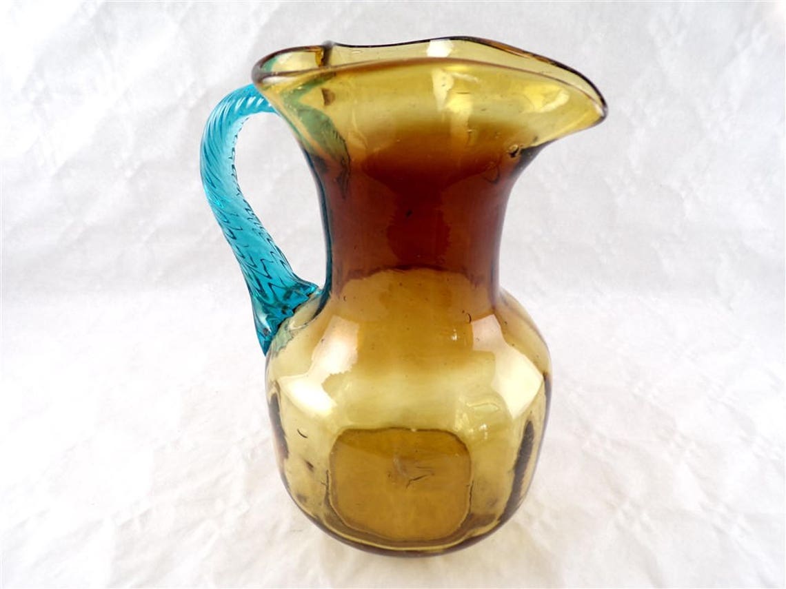 Pitcher in blown glass Portieux model Georges Sand amber and vintage blue France