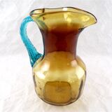 Pitcher in blown glass Portieux model Georges Sand amber and vintage blue France