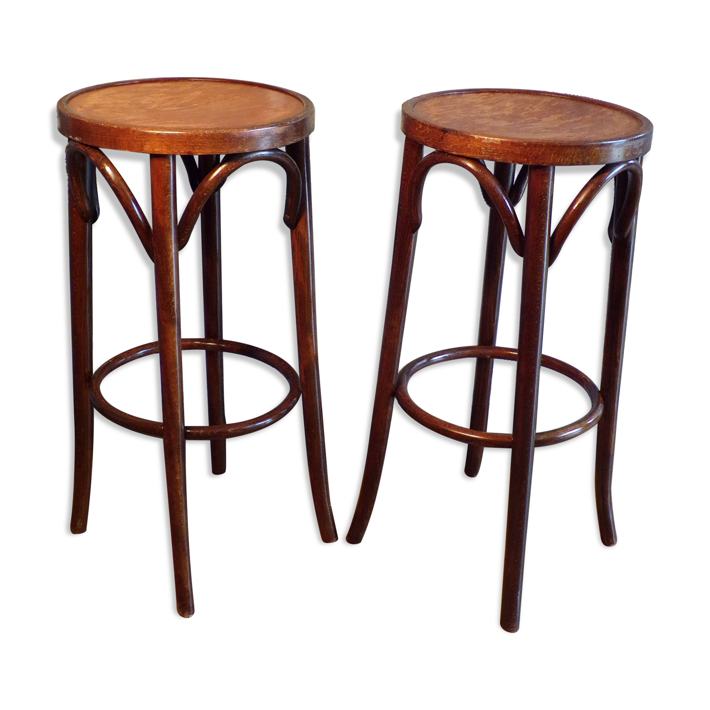 2 curved wooden bar stools