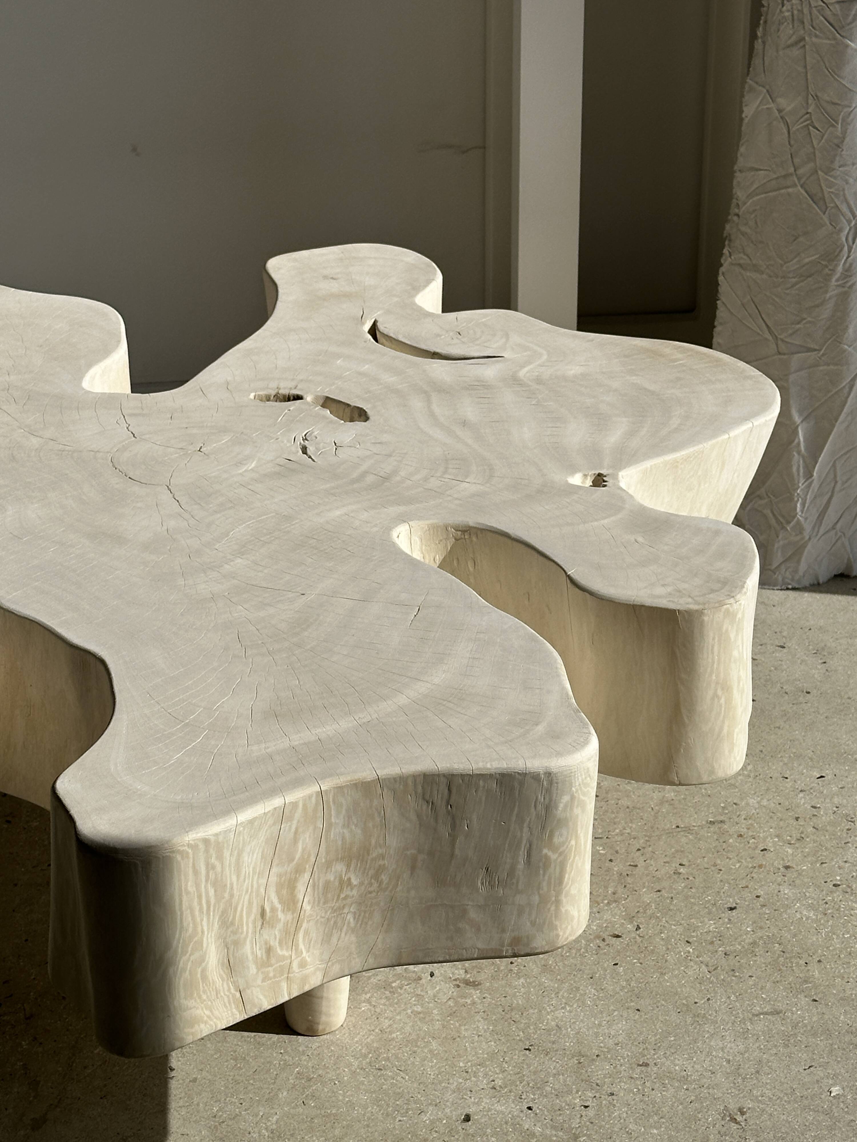 Very large whitewashed mango coffee table with an organic top D:140cm