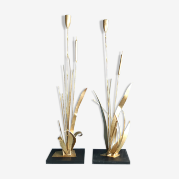 Pair of Golden Metal Lamps Reeds Work circa 1960 1970 Hollywood Regency
