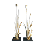 Pair of Golden Metal Lamps Reeds Work circa 1960 1970 Hollywood Regency