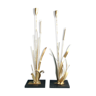 Pair of Golden Metal Lamps Reeds Work circa 1960 1970 Hollywood Regency