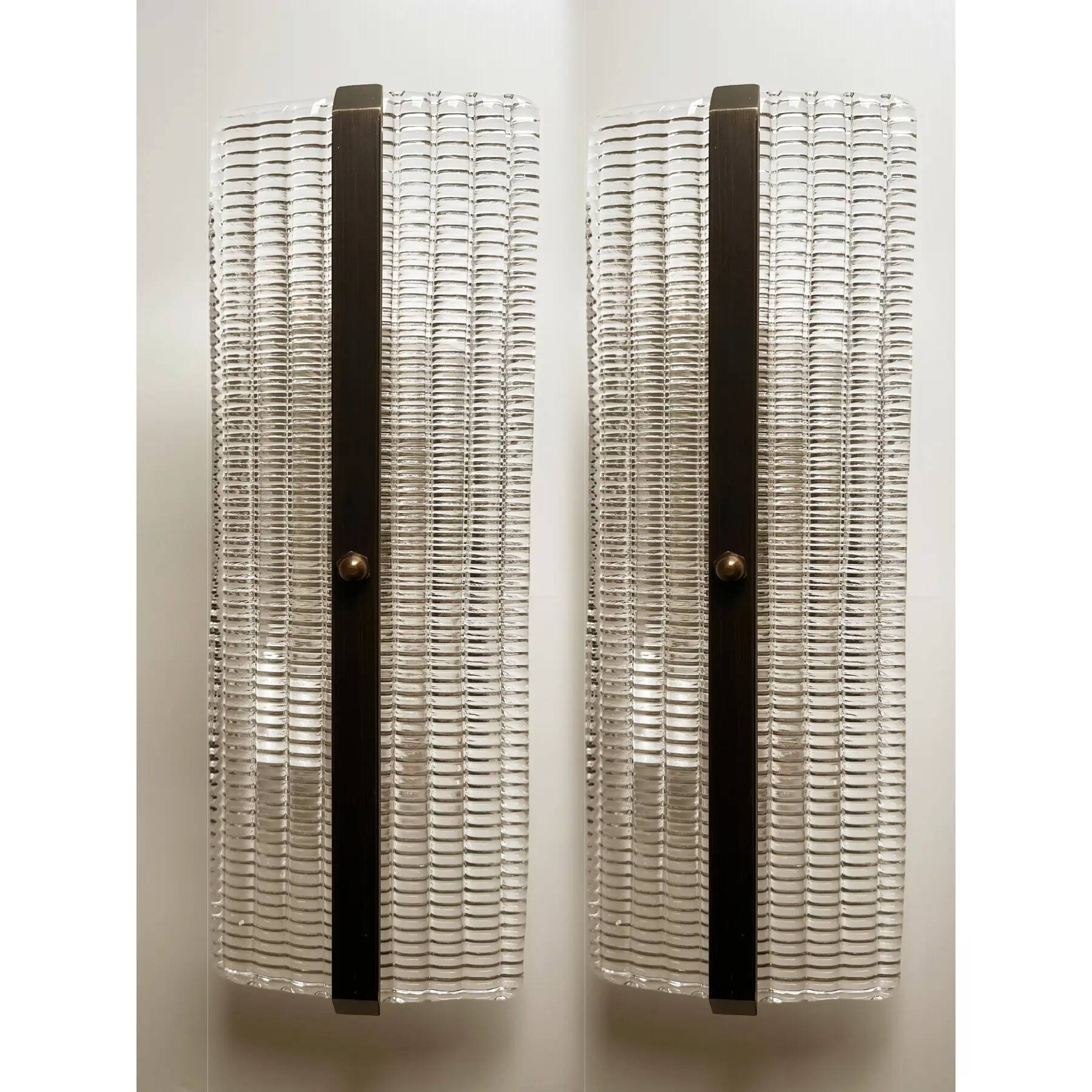 Elegant Brunish Diamanted Rectangular Murano Glass Wall Sconces – Two-Piece