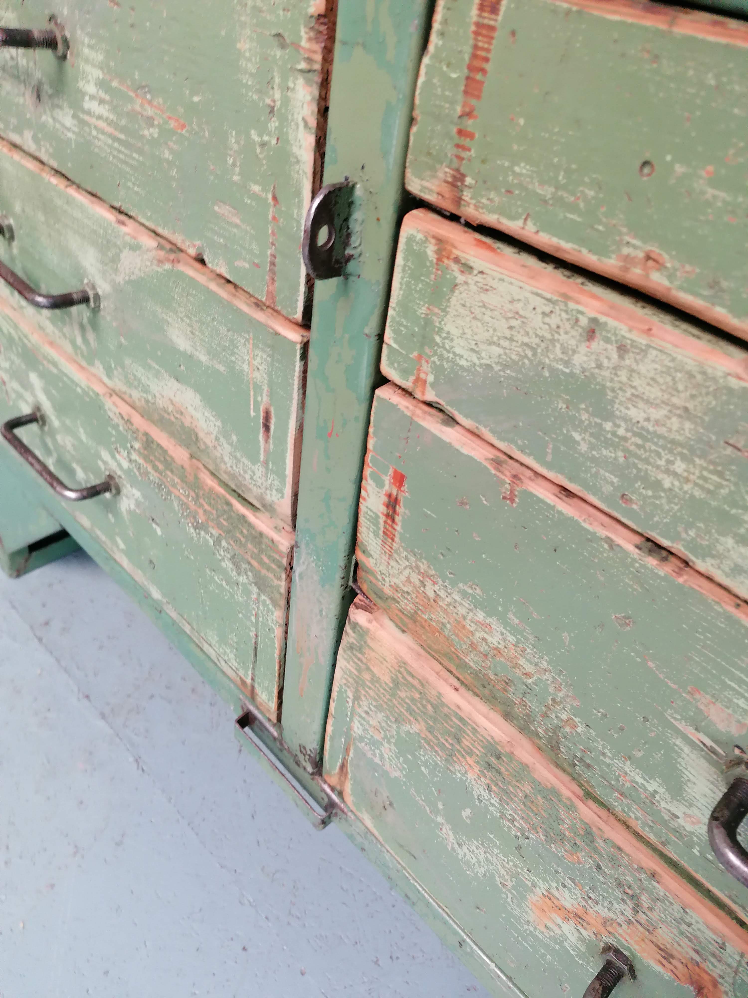Old wooden garage workbench, industrial vintage.