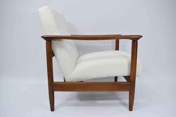 Fauteuil vintage original, années 1960, designer E.Homma, restauré, bouclé blanc