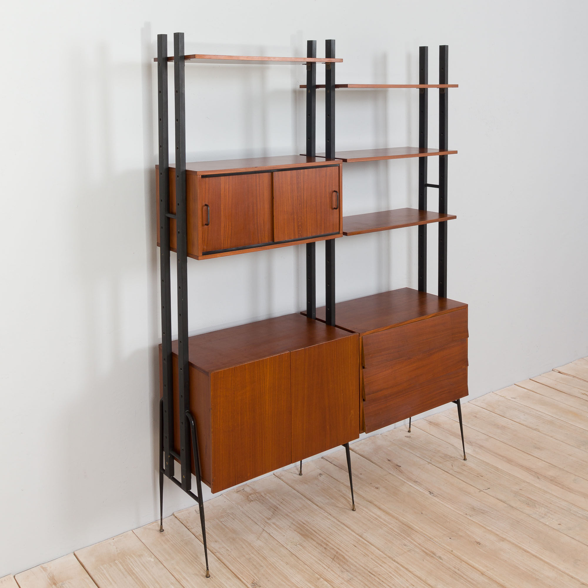 Italian mid century 2 bay teak wall unit free standing, 1960s