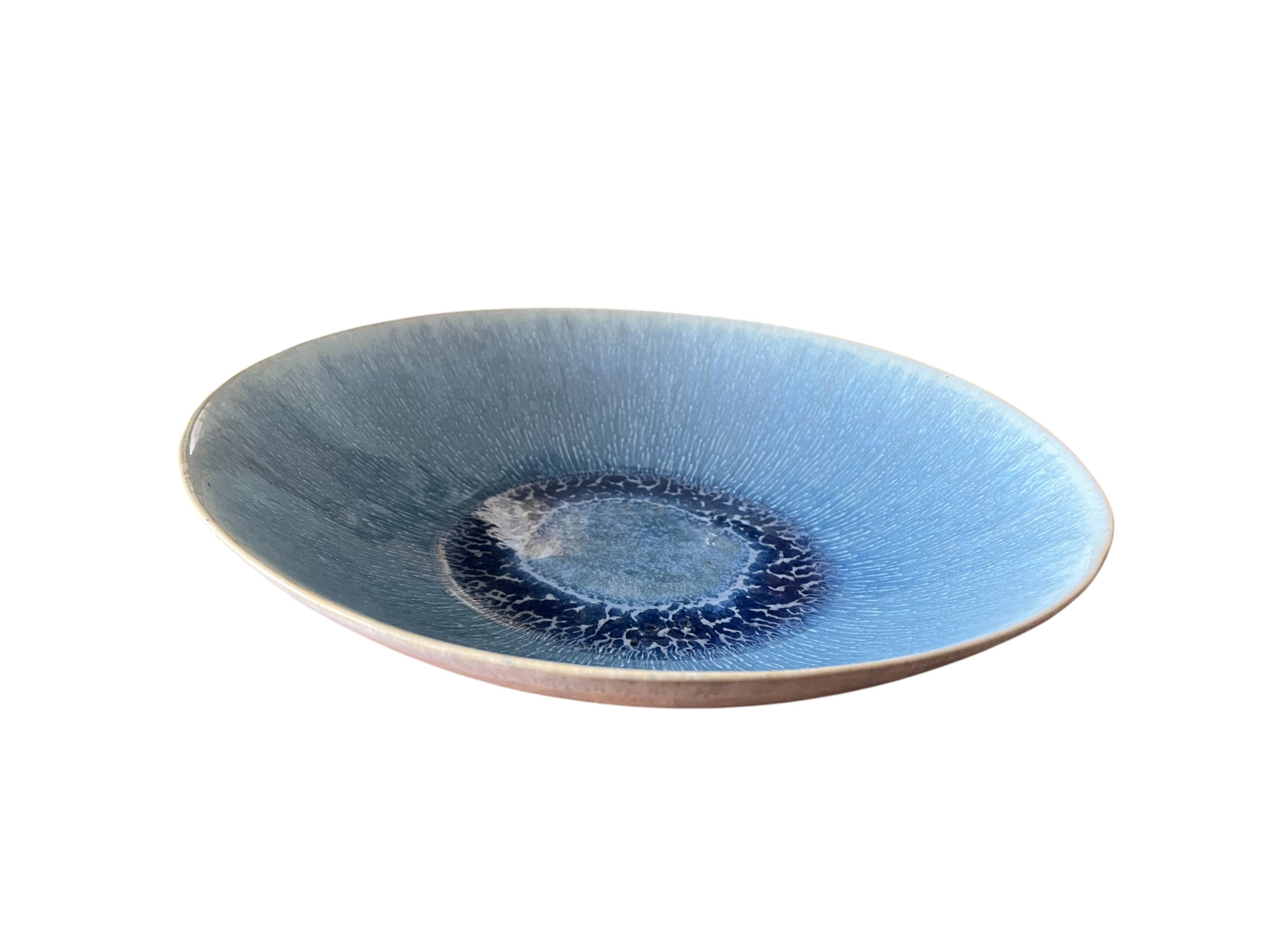 Large blue artisanal ceramic shallow dish from the 20th century.