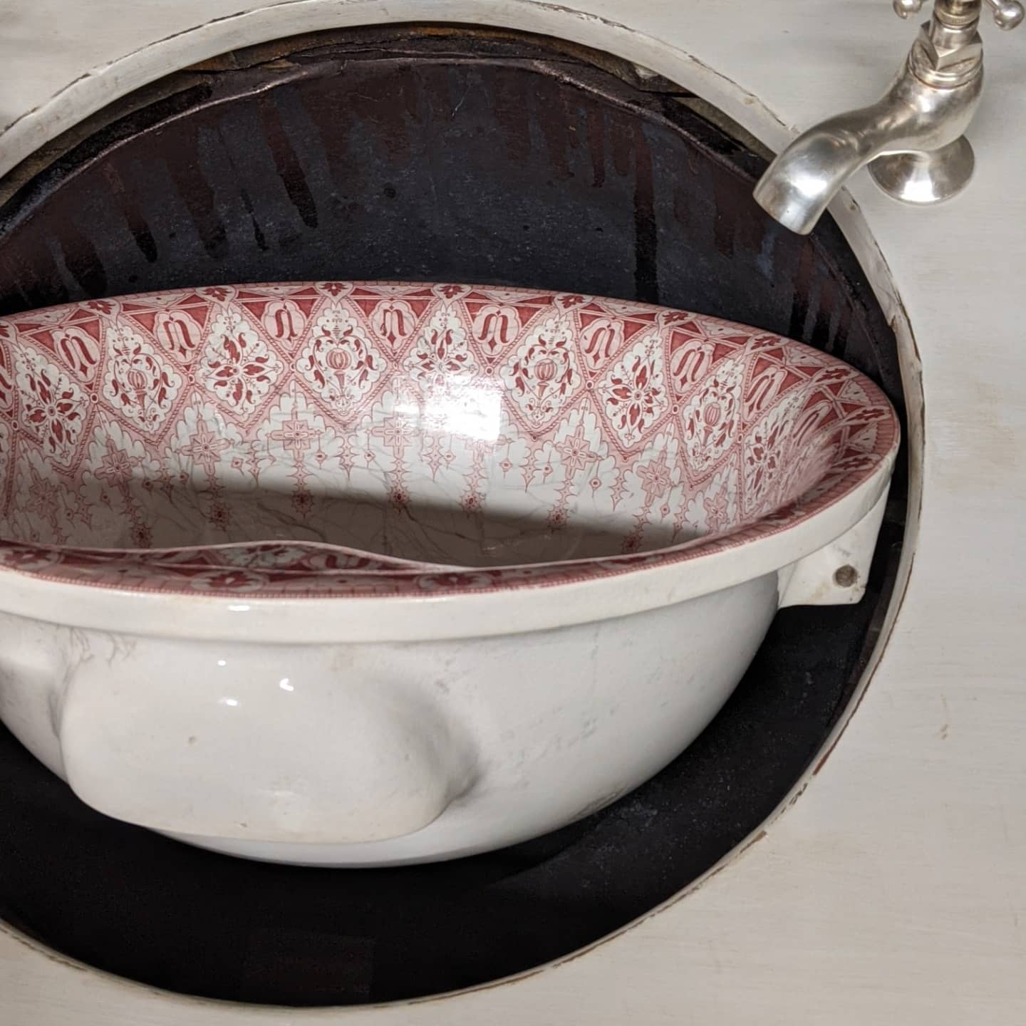 Old vanity unit in patinated wood gray basin earthenware rocker bathroom