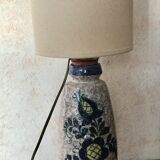 Pied de lampe en grès décor floral bleu nuit