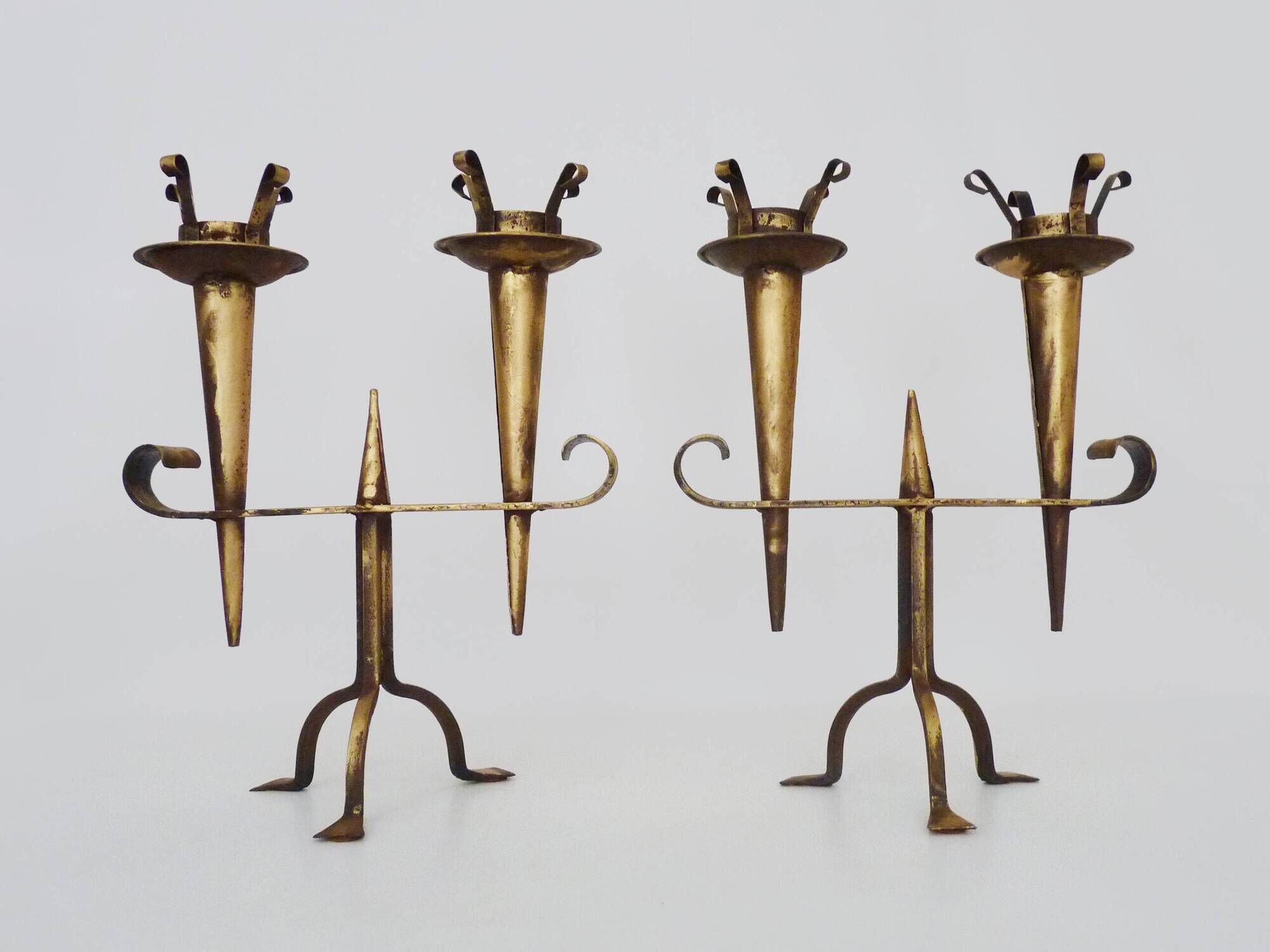 Large Pair of Vintage French Gold Wrought Iron 2 Candle Holders 60
