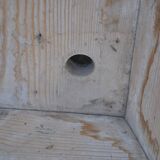 Large whitewashed wooden trench, solid driftwood, 1940s farmhouse style.