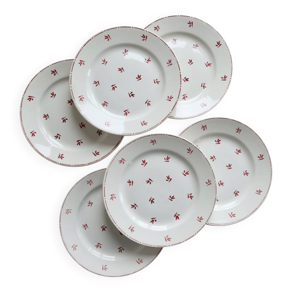 6 assiettes plates vintage faïence de Nimy motifs rouges
