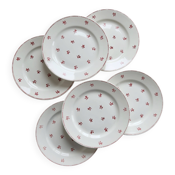 6 assiettes plates vintage faïence de Nimy motifs rouges