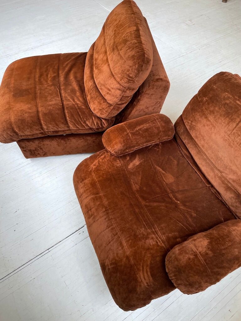 Pair 70s brown velvet armchairs