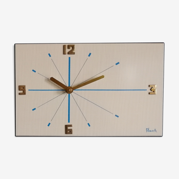Vintage formica clock silent rectangular wall clock "Blue wood flash"