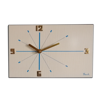Vintage formica clock silent rectangular wall clock "Blue wood flash"