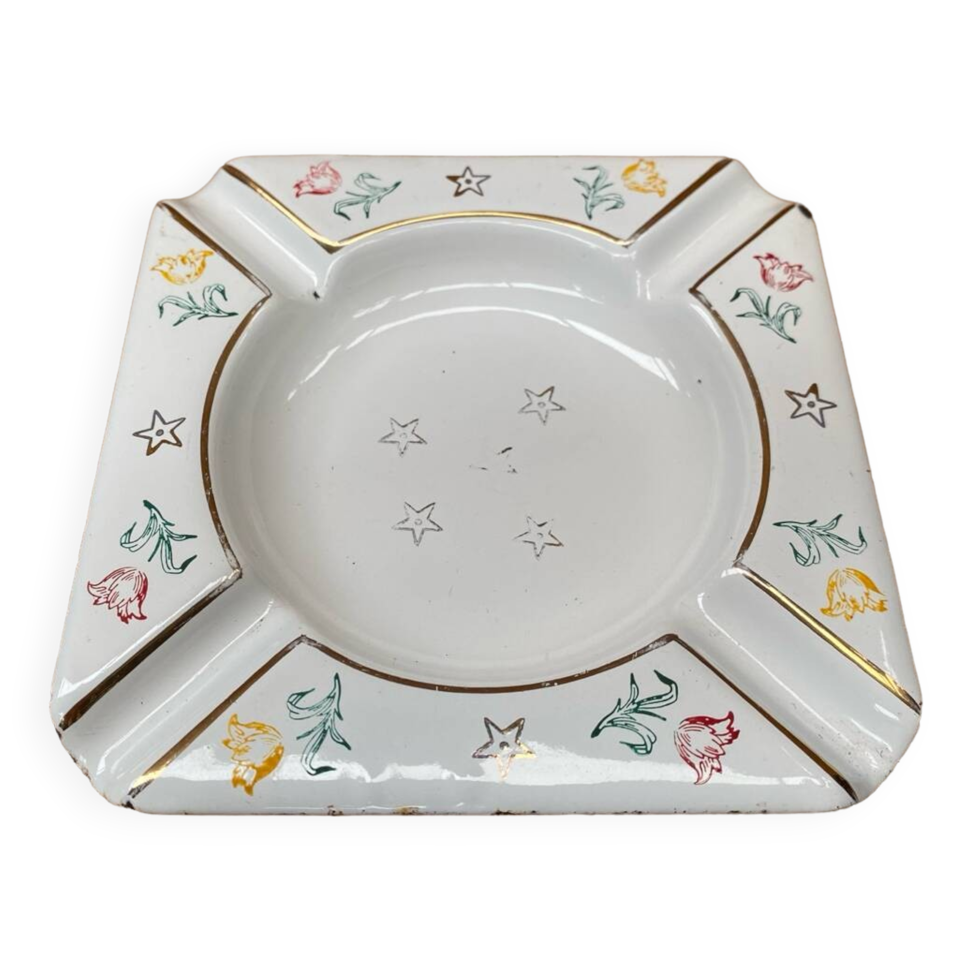 Old ashtray aubecq white enameled metal decor flowers & stars vintage