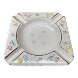 Ancien cendrier aubecq métal émaillé blanc décor fleurs & étoiles vintage