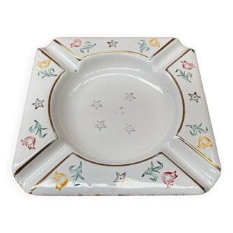 Ancien cendrier aubecq métal émaillé blanc décor fleurs & étoiles vintage