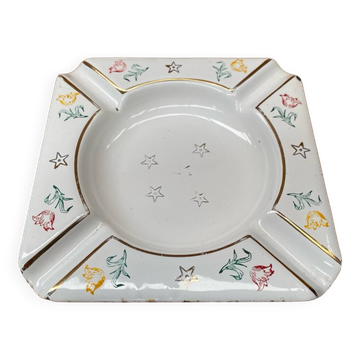 Old ashtray aubecq white enameled metal decor flowers & stars vintage