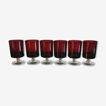 6 verres à vin eau à pied couleur rouge rubis Cavalier Luminarc France, vintage années 70