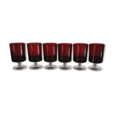 6 glasses of wine/water on foot ruby red color, Cavalier Luminarc France, vintage 70s