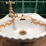 VINTAGE SHELL WASHBASIN SET PORCELAIN OF PARIS SHELVES BASIN AND TOWEL RACK