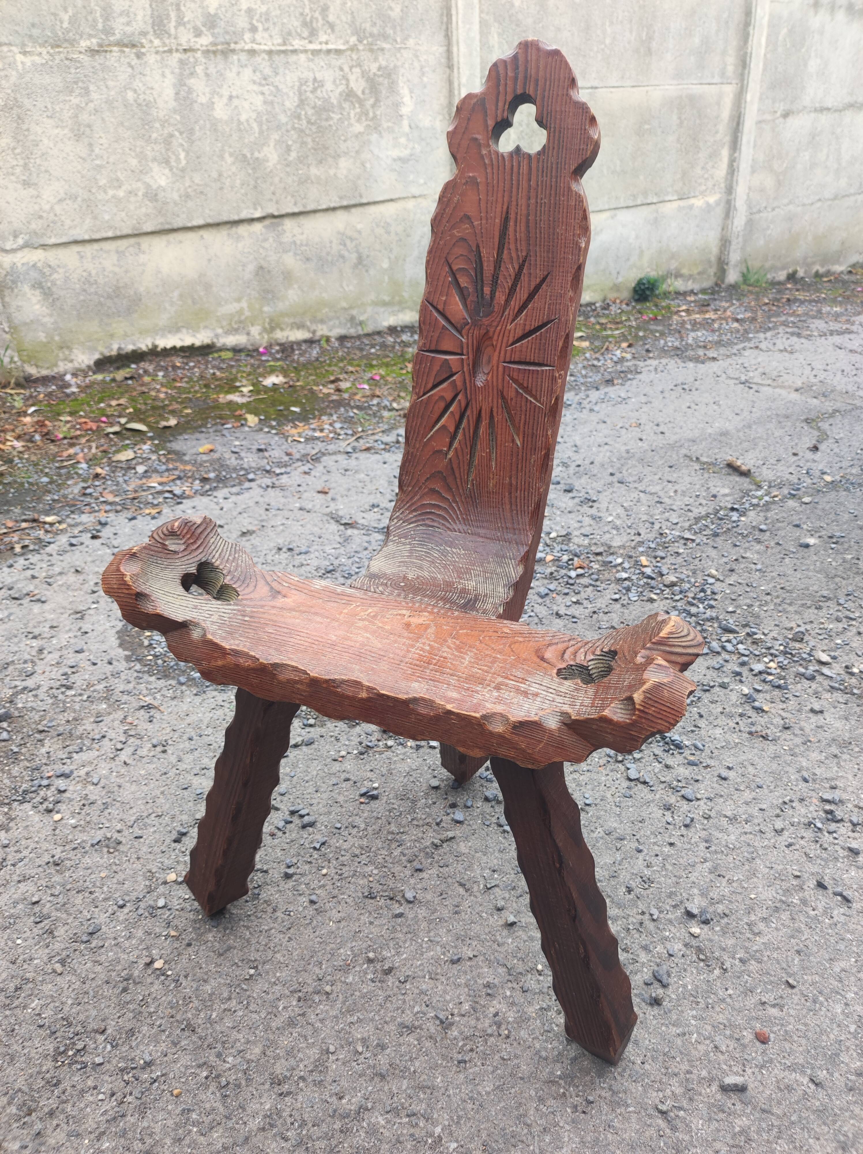 Brutalist carved wood tripod chair stool