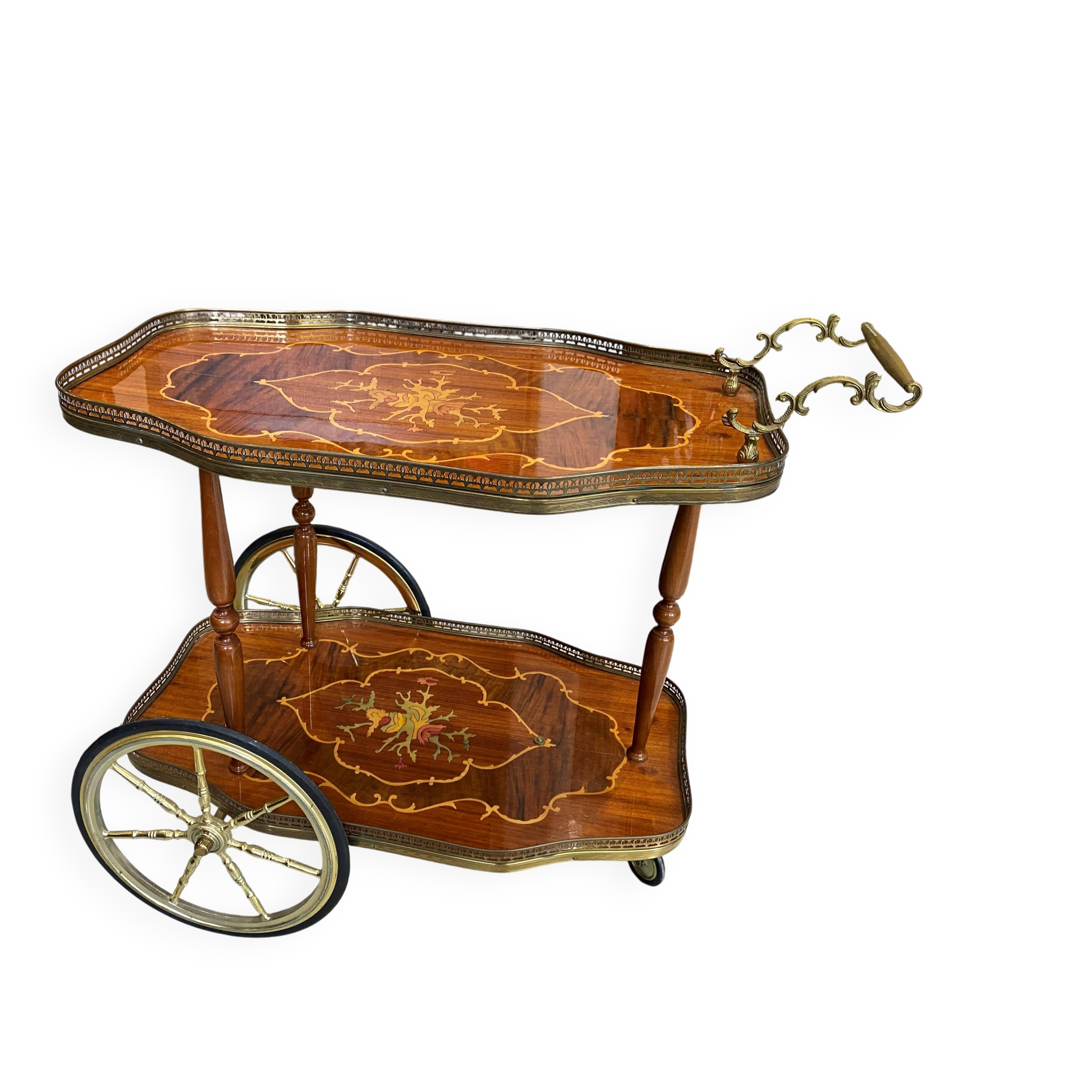 3-wheel serving trolley with 2 shelves, vintage bar marquetry on wheels, 50s