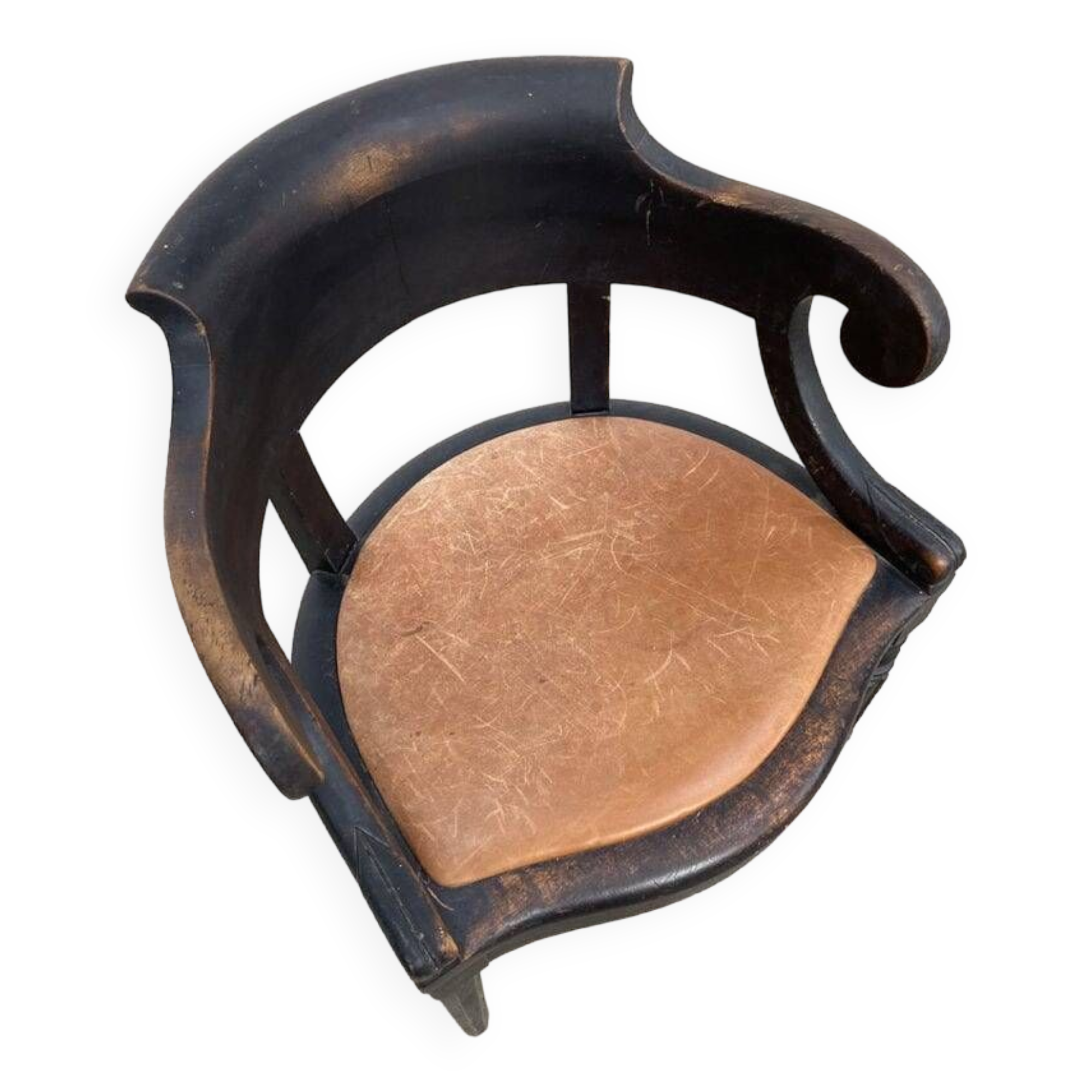 Fauteuil Louis Philippe en bois noir et cuir cognac