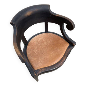 Fauteuil Louis Philippe en bois noir et cuir cognac