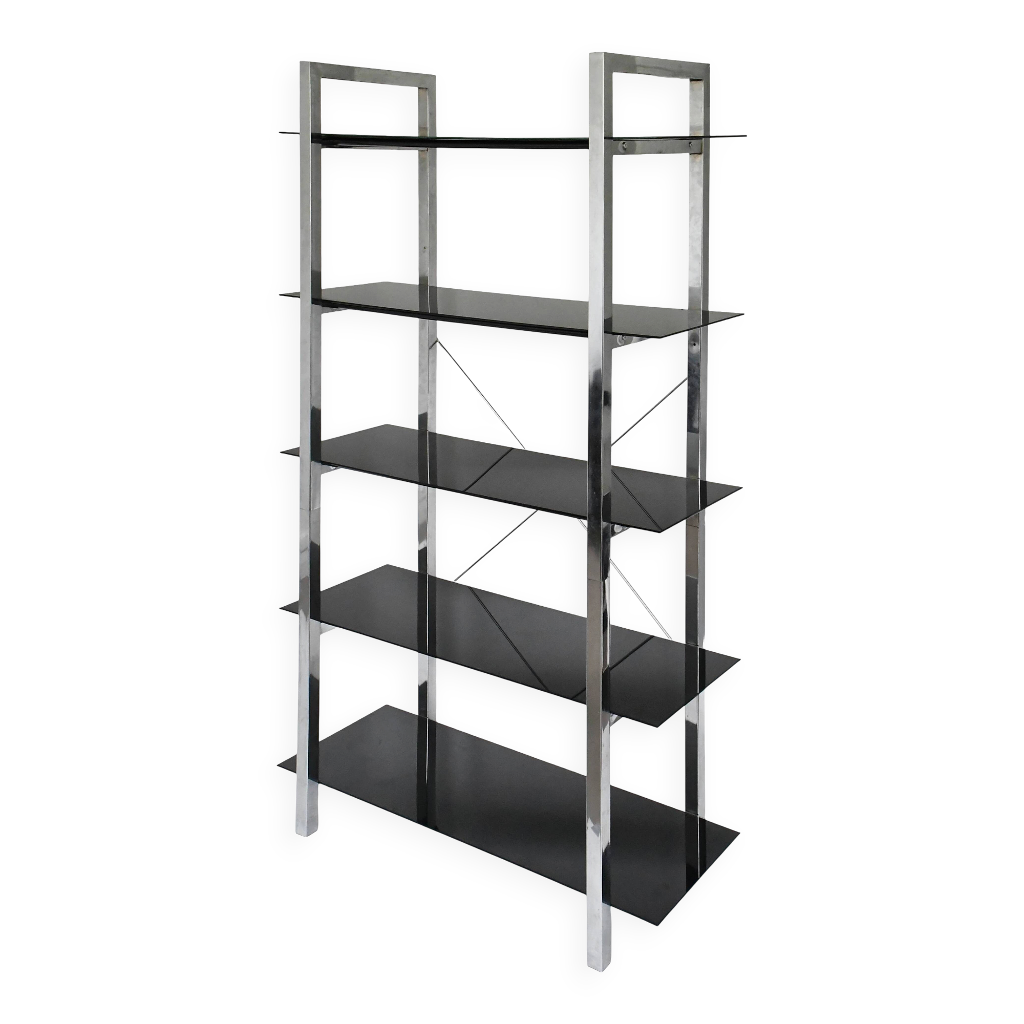 Chrome metal and black glass shelf with 5 levels.