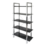 Chrome metal and black glass shelf with 5 levels.