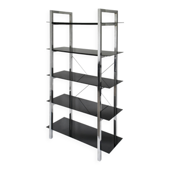 Chrome metal and black glass shelf with 5 levels.